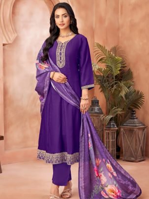 Purple Embroidered Vichitra Silk Anarkali Suit Set