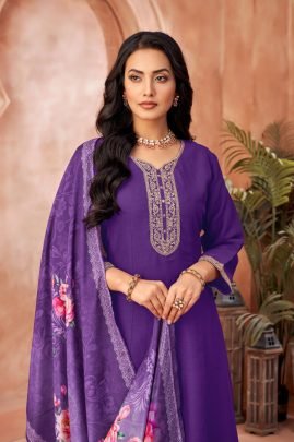 Purple Embroidered Vichitra Silk Anarkali Suit Set