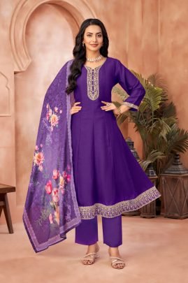 Purple Embroidered Vichitra Silk Anarkali Suit Set