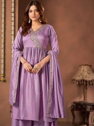 Purple Embroidered Anarkali Suit Set