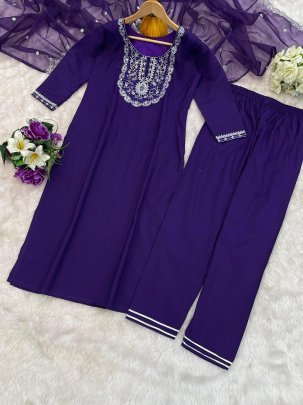 Purple Embroidered  Beautiful Roman Silk Kurta Set