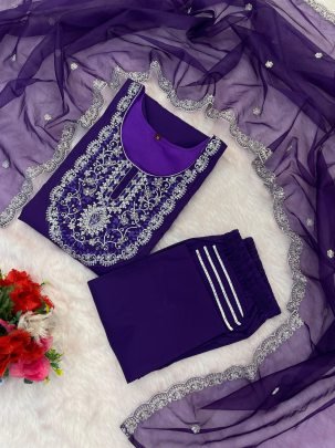 Purple Embroidered  Beautiful Roman Silk Kurta Set