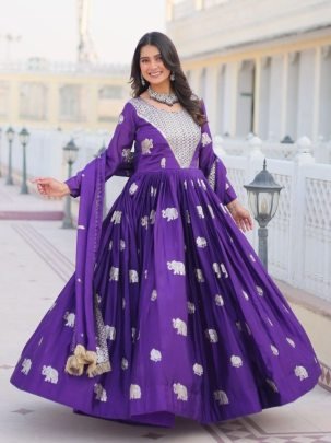 Purple Embroidered Gown With Dupatta 
