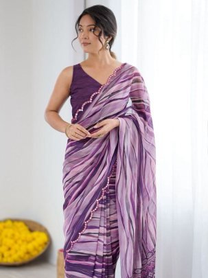 Purple Heavy Georgette Silk Printed Saree Paired With An Matching Purple Blouse