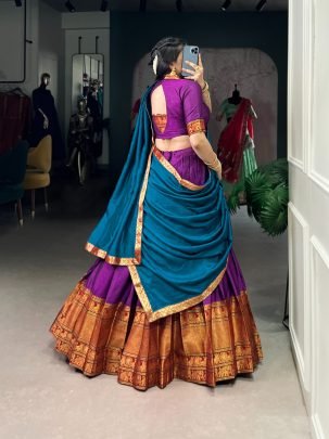 Purple Narayan Pet Cotton South Indian Style Lehenga With Bright Blue Dupatta And Belt