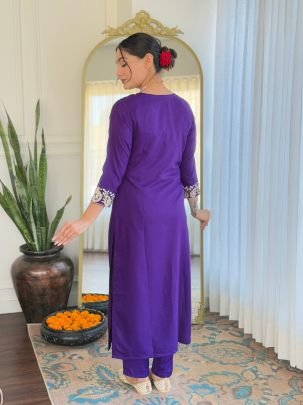 Purple Rayon Slub Kurta Pant Set With Organza Dupatta