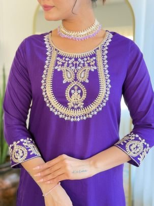 Purple Rayon Slub Kurta Pant Set With Organza Dupatta