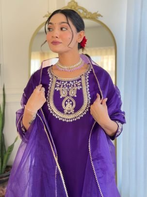 Purple Rayon Slub Kurta Pant Set With Organza Dupatta
