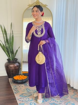 Purple Rayon Slub Kurta Pant Set With Organza Dupatta