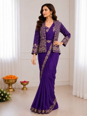 Purple Ready to Wear Heavy  Silk Saree with Embroidered Jacket  Belt And Stitched Blouse