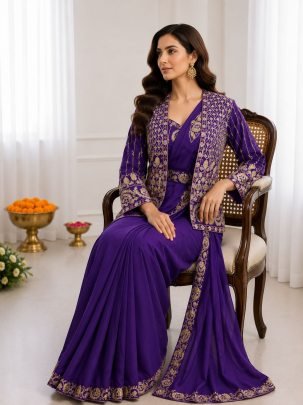 Purple Ready to Wear Heavy  Silk Saree with Embroidered Jacket  Belt And Stitched Blouse