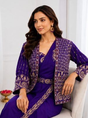 Purple Ready to Wear Heavy  Silk Saree with Embroidered Jacket  Belt And Stitched Blouse