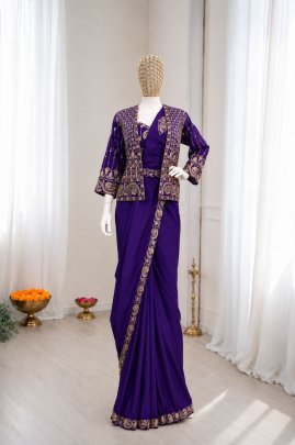 Purple Ready to Wear Heavy  Silk Saree with Embroidered Jacket  Belt And Stitched Blouse