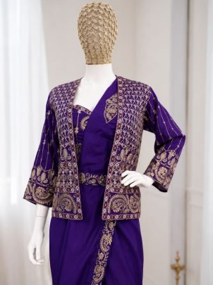 Purple Ready to Wear Heavy  Silk Saree with Embroidered Jacket  Belt And Stitched Blouse