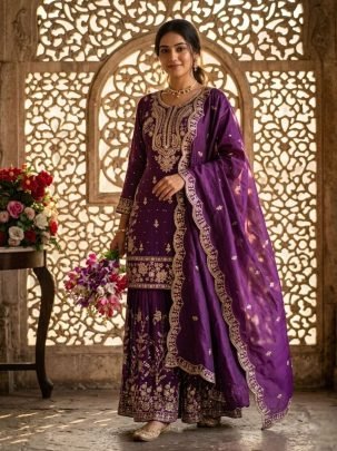 Purple NC Satin Silk Sharara Set With Dupatta For Festive 
