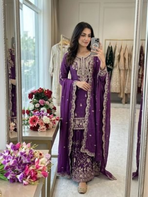 Purple NC Satin Silk Sharara Set With Dupatta For Festive