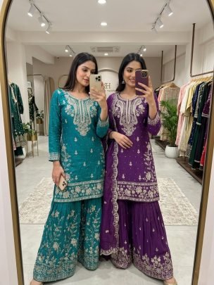 Purple NC Satin Silk Sharara Set With Dupatta For Festive