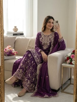 Purple NC Satin Silk Sharara Set With Dupatta For Festive