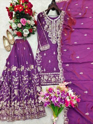 Purple NC Satin Silk Sharara Set With Dupatta For Festive