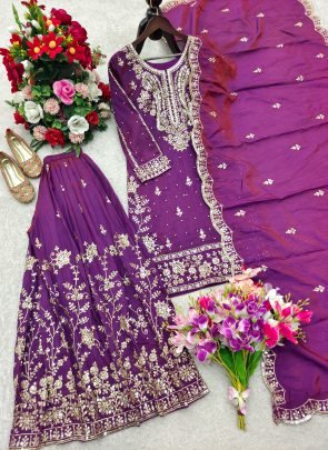 Purple NC Satin Silk Sharara Set With Dupatta For Festive