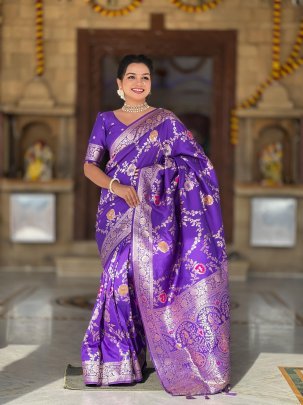 Purple Soft Banarasi Silk Saree With Swan Zari Weaving And Tassel Pallu
