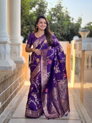 Purple Soft Banarasi Silk Saree With Matching Blouse Piece