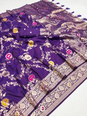 Purple Soft Banarasi Silk Saree With Matching Blouse Piece