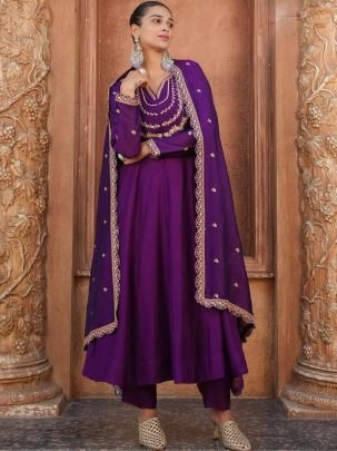 Purple Vichhitra Silk Embroidered Anarkali Kurti Pant Set with Dupatta