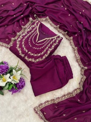 Purple Vichhitra Silk Embroidered Anarkali Kurti Pant Set with Dupatta