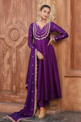 Purple Vichhitra Silk Embroidered Anarkali Kurti Pant Set with Dupatta