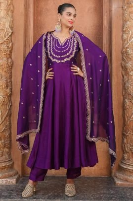Purple Vichhitra Silk Embroidered Anarkali Kurti Pant Set with Dupatta