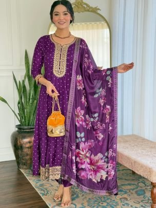 Purple Vichitra Silk with Cotton Lining Ready Made Suit
