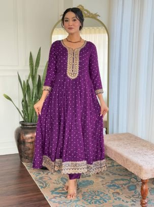 Purple Vichitra Silk with Cotton Lining Ready Made Suit
