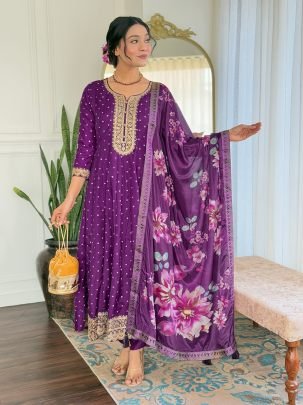 Purple Vichitra Silk with Cotton Lining Ready Made Suit