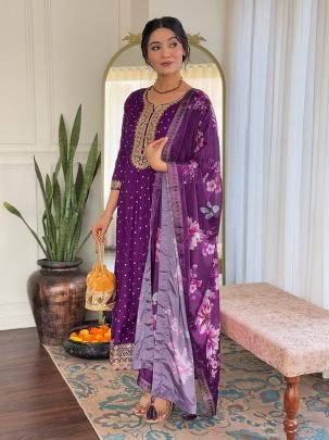 Purple Vichitra Silk with Cotton Lining Ready Made Suit