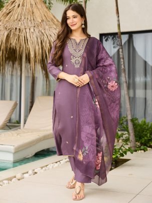 Purple Viscose Kurta Set With Jacquard Dupatta