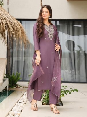 Purple Viscose Kurta Set With Jacquard Dupatta