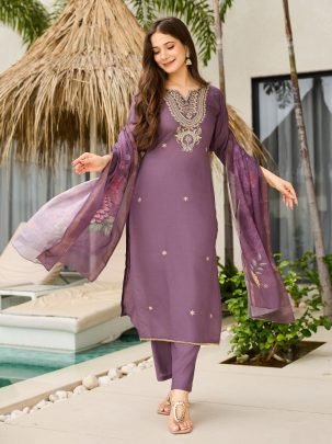 Purple Viscose Kurta Set With Jacquard Dupatta
