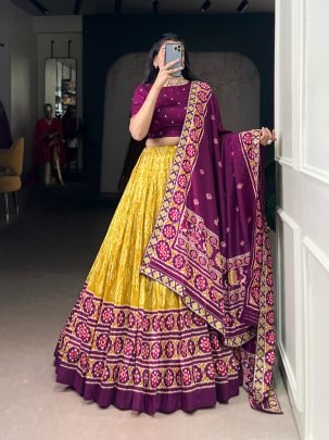 Purple & Yellow Tasar Silk Ikkat Designer Lehenga Set