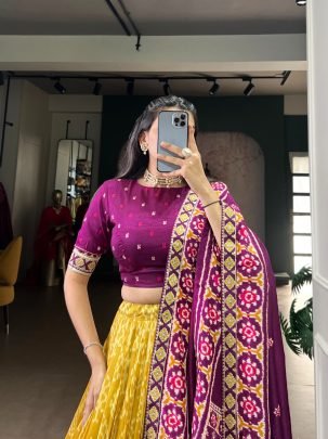 Purple & Yellow Tasar Silk Ikkat Designer Lehenga Set