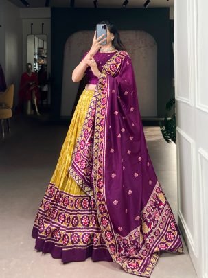 Purple & Yellow Tasar Silk Ikkat Designer Lehenga Set