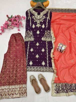 Purple Zari Work Kurti Palazzo Set With Red Dupatta