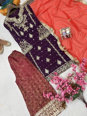 Purple Zari Work Kurti Palazzo Set With Red Dupatta