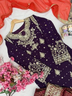 Purple Zari Work Kurti Palazzo Set With Red Dupatta