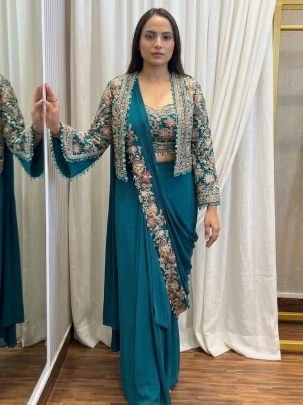 Rama Colour Jacket Style Ready To Wear Saree