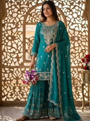 Pure Satin Silk Embroidered Sharara Suit Set