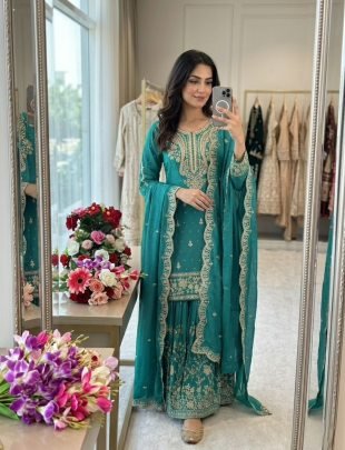 Pure Satin Silk Embroidered Sharara Suit Set