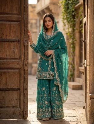 Pure Satin Silk Embroidered Sharara Suit Set