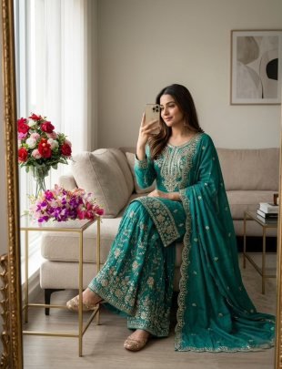 Pure Satin Silk Embroidered Sharara Suit Set