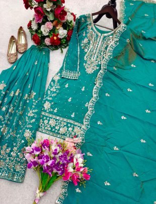 Pure Satin Silk Embroidered Sharara Suit Set